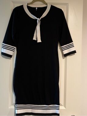 Black Knit Tie-Neck Dress with White Trim